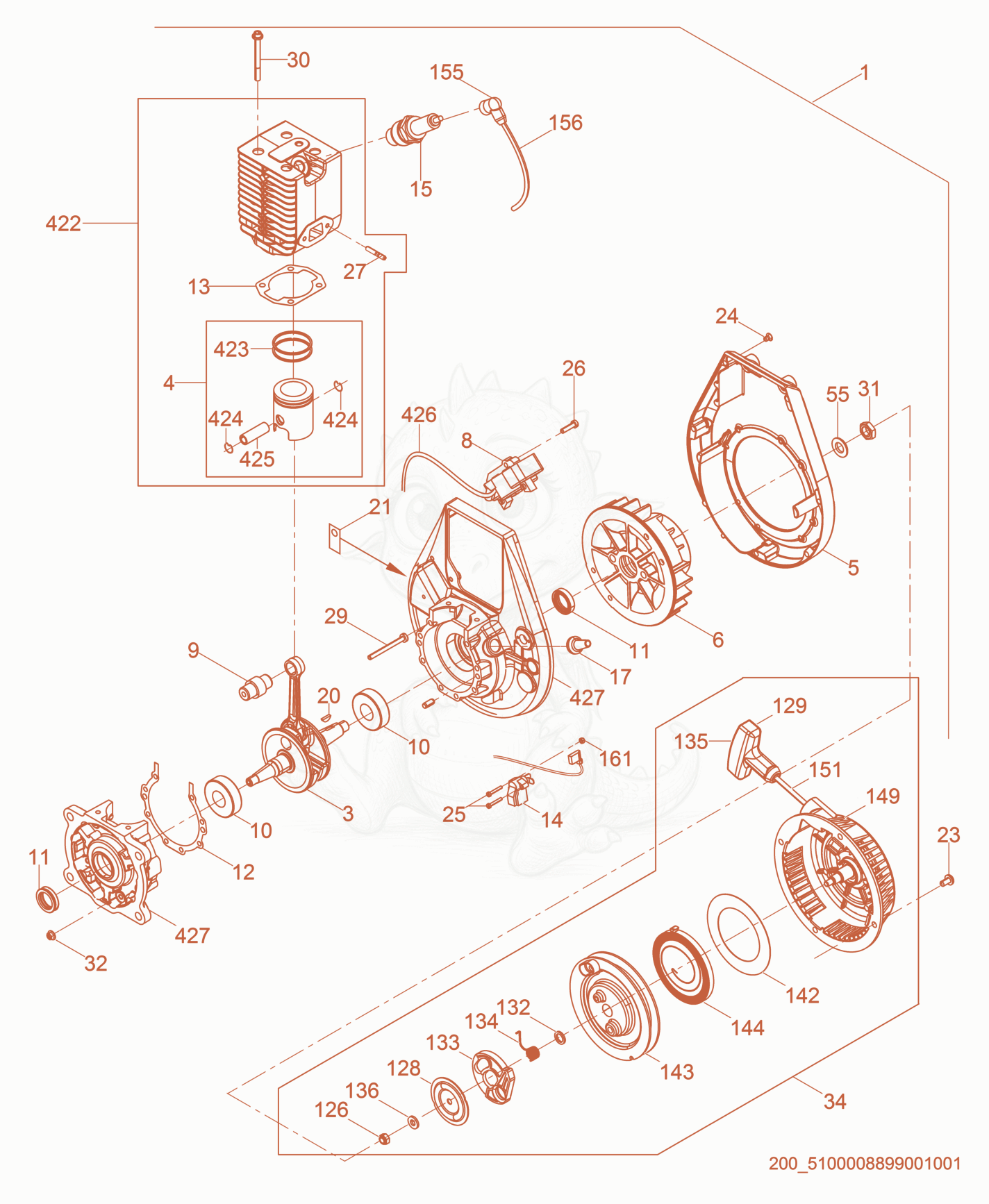 Exploded parts diagram of the Engine-WM 80 of a Wacker Neuson BS50-2, with numbered balloons
