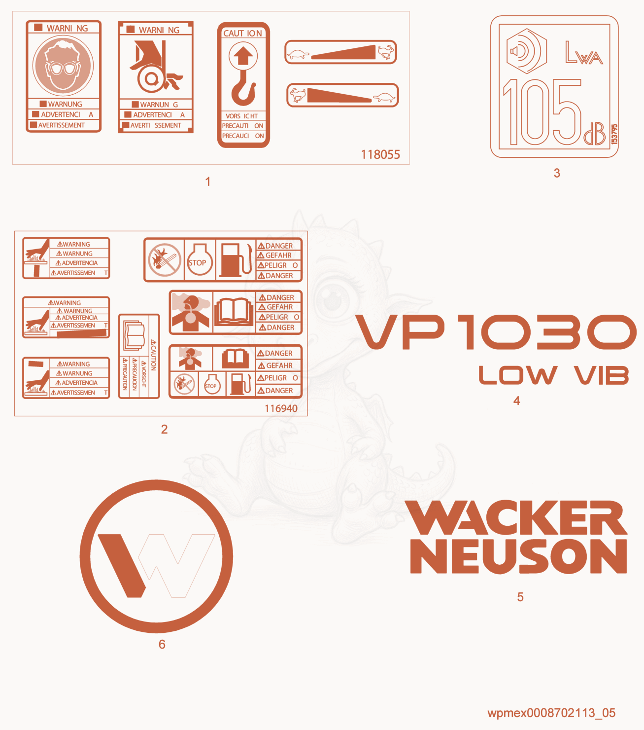 Exploded parts diagram of the Labels of a Wacker Neuson VP1030R, with numbered balloons