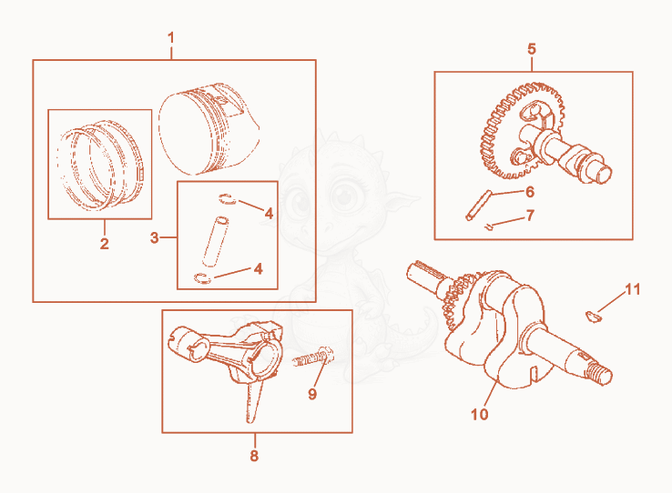 Exploded parts diagram of the Crankshaft/Piston/Connecting Rod of a Wacker Neuson RS800V, with numbered balloons