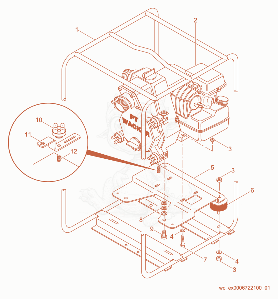 Exploded parts diagram of the Frame cpl. of a Wacker Neuson PT2B, with numbered balloons