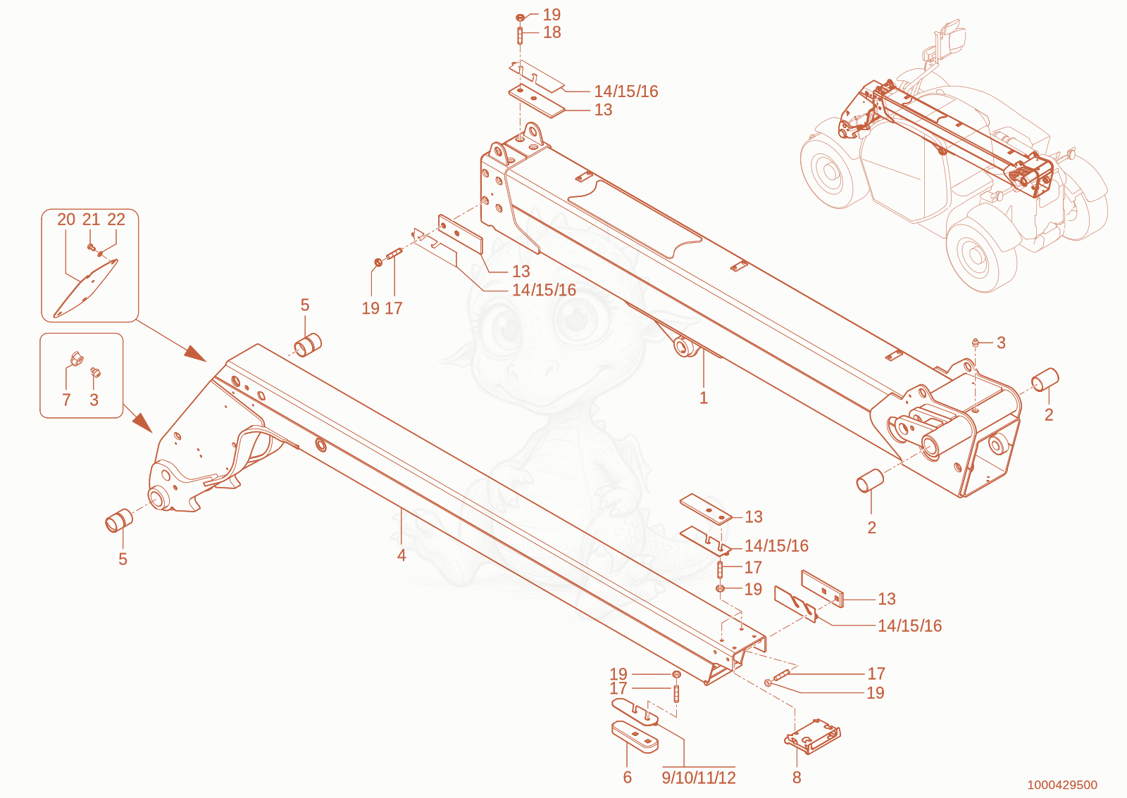 Exploded parts diagram of the Telescopic boom of a Wacker Neuson TH627(418-22), with numbered balloons