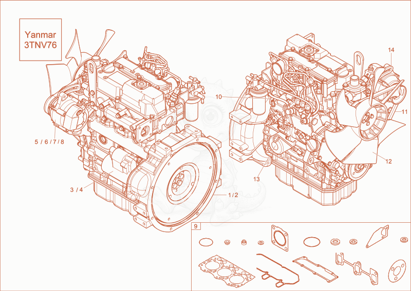 Exploded parts diagram of the diesel engine of a Wacker Neuson 1404, with numbered balloons