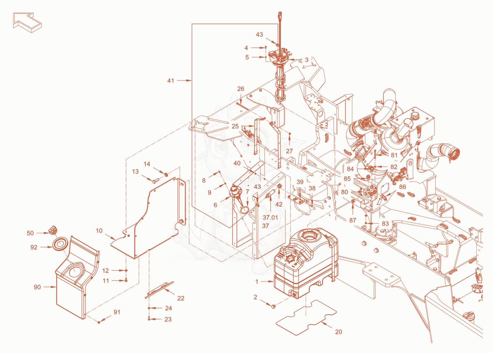 Exploded parts diagram of the exhaust aftertreatment of a Wacker Neuson RC110CAB, with numbered balloons
