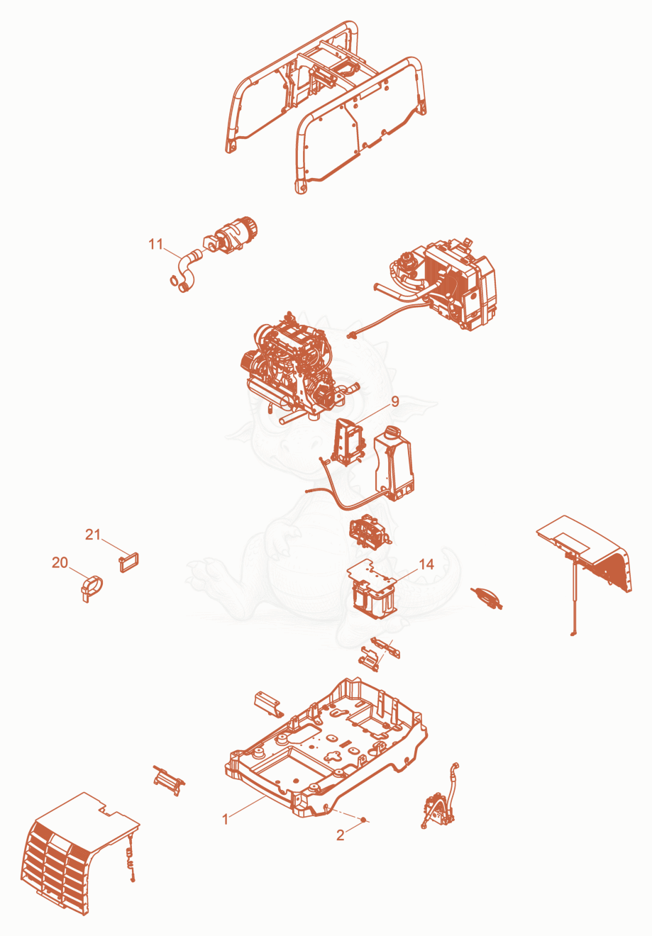 Exploded parts diagram of the Upper Mass cpl. DPU110r of a Wacker Neuson DPU110RLEC970, with numbered balloons