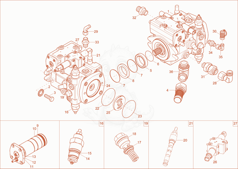 Exploded parts diagram of the hydraulic pump of a Wacker Neuson DW20, with numbered balloons