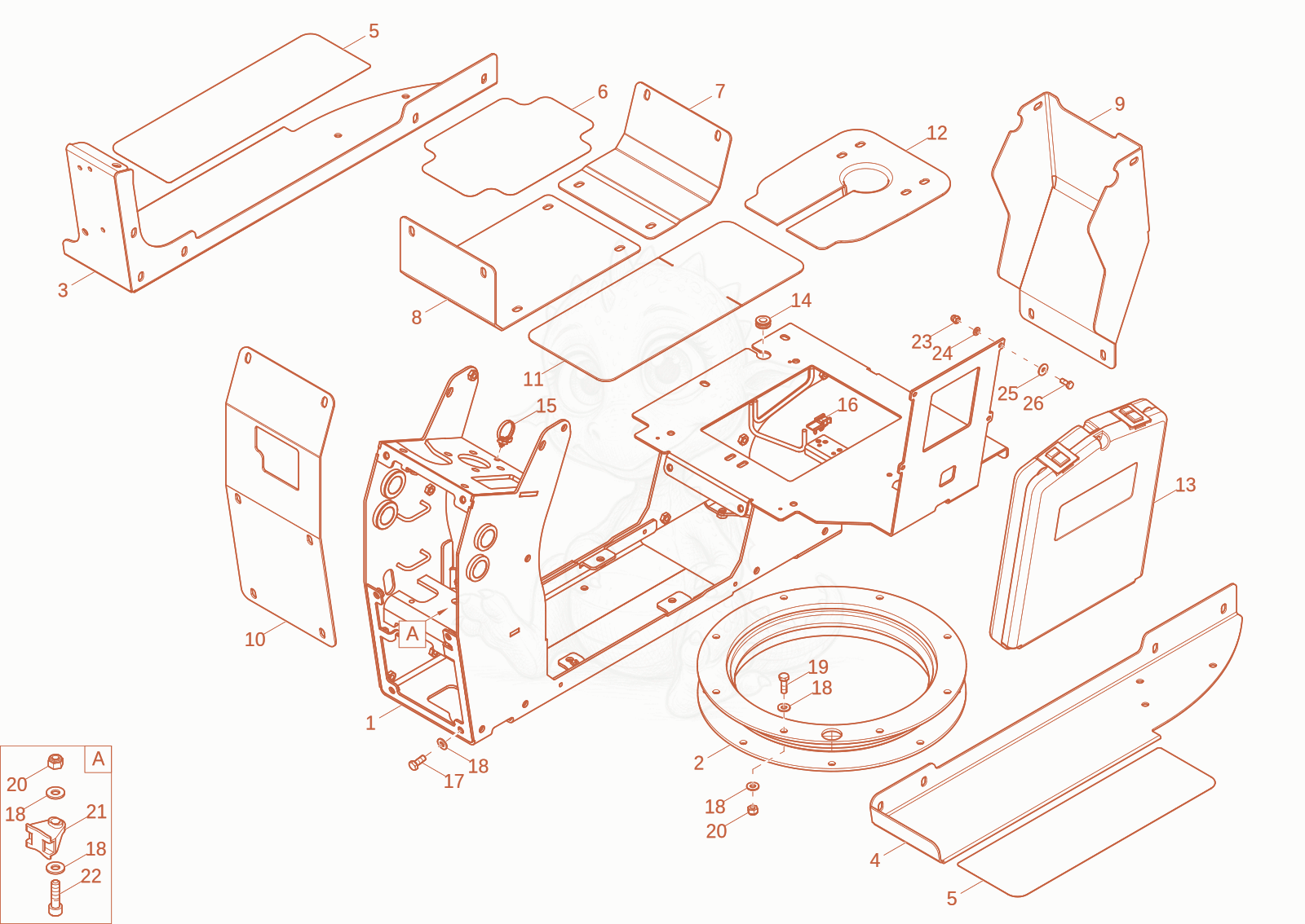 Exploded parts diagram of the seat console of a Wacker Neuson DV90-2, with numbered balloons