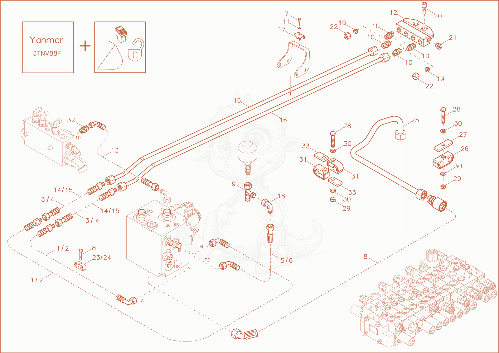 Exploded parts diagram of the Pilot circuit Powertilt (Option) of a Wacker Neuson EZ36, with numbered balloons