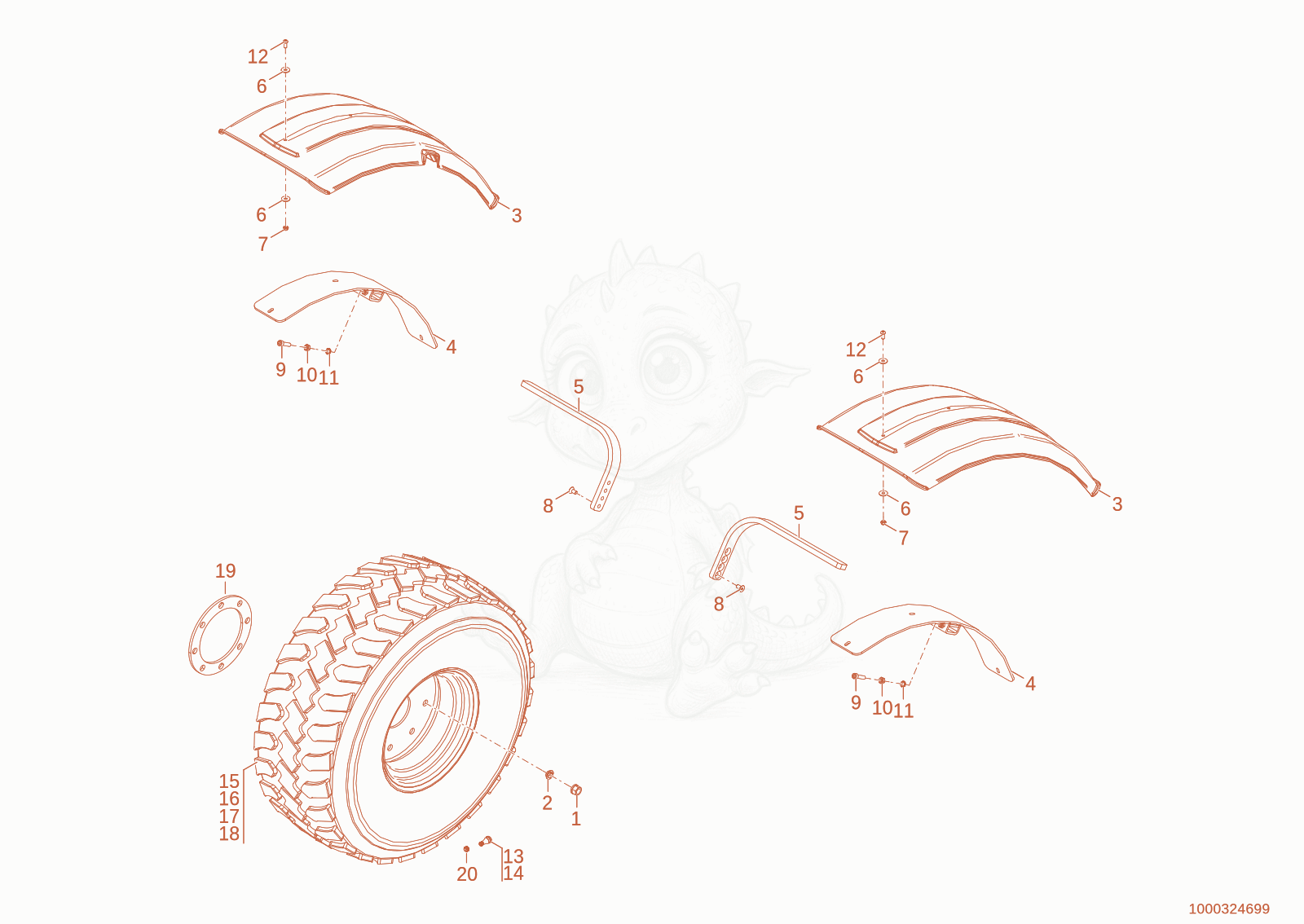 Exploded parts diagram of the tyre of a Wacker Neuson WL52, with numbered balloons