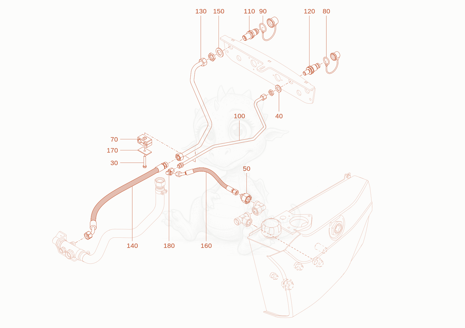 Exploded parts diagram of the reflux line of a Wacker Neuson WL28(A01-01), with numbered balloons