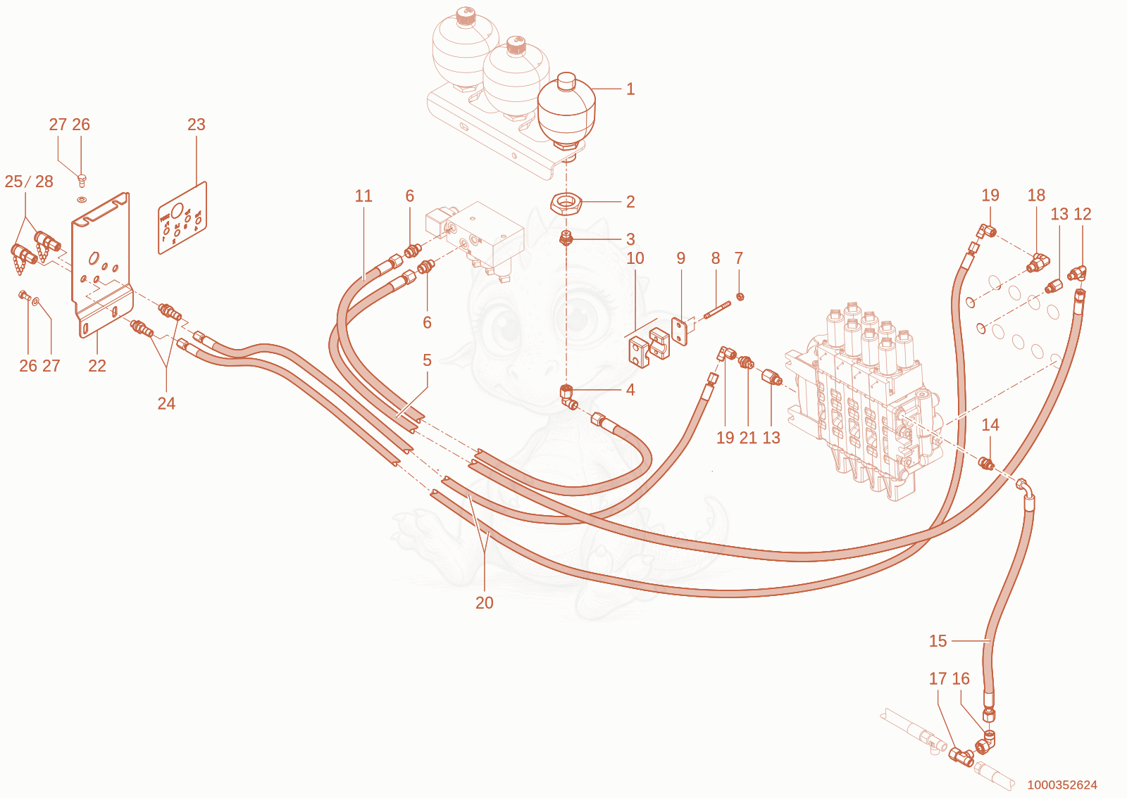 Exploded parts diagram of the Oil circulation - Control valve of a Wacker Neuson TH755(416-04), with numbered balloons