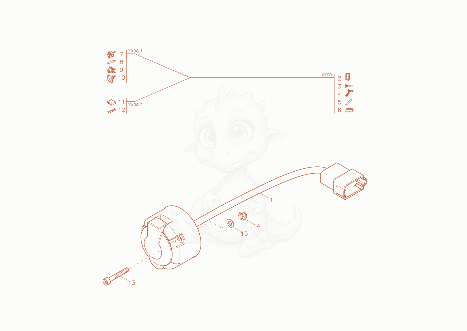 Exploded parts diagram of the trailer socket of a Wacker Neuson DV90-2, with numbered balloons