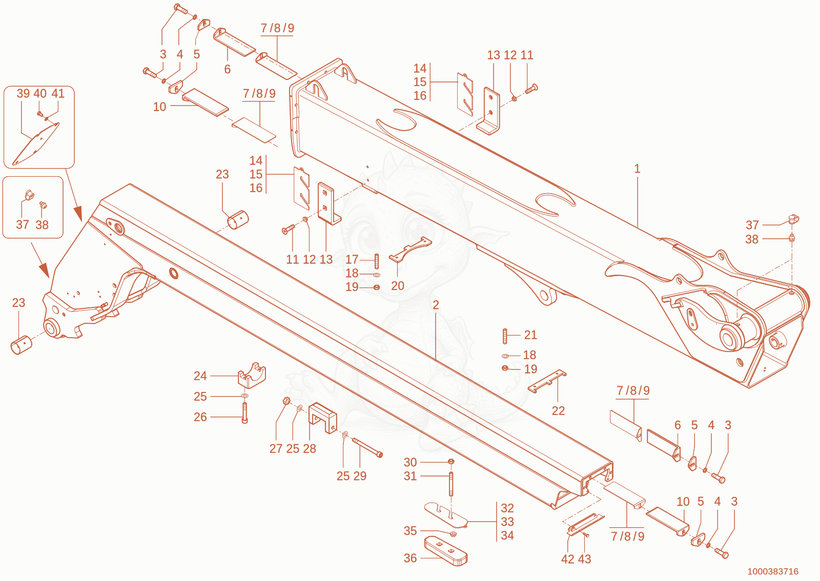 Exploded parts diagram of the Telescopic boom of a Wacker Neuson TH750(416-38), with numbered balloons