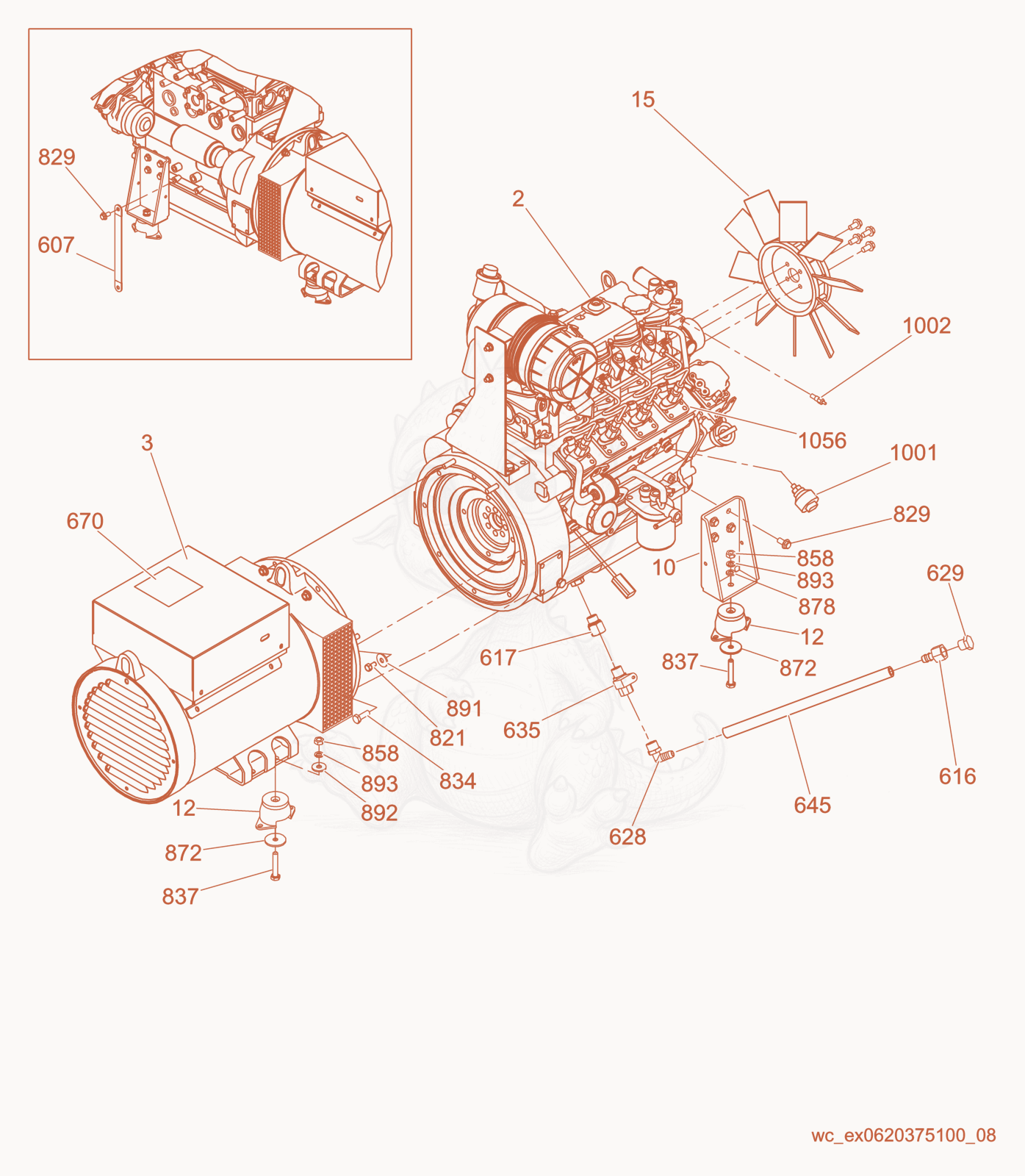 Despiece del Engine/Generator Mounting de una máquina Wacker Neuson LTW20Z1, con globos numerados