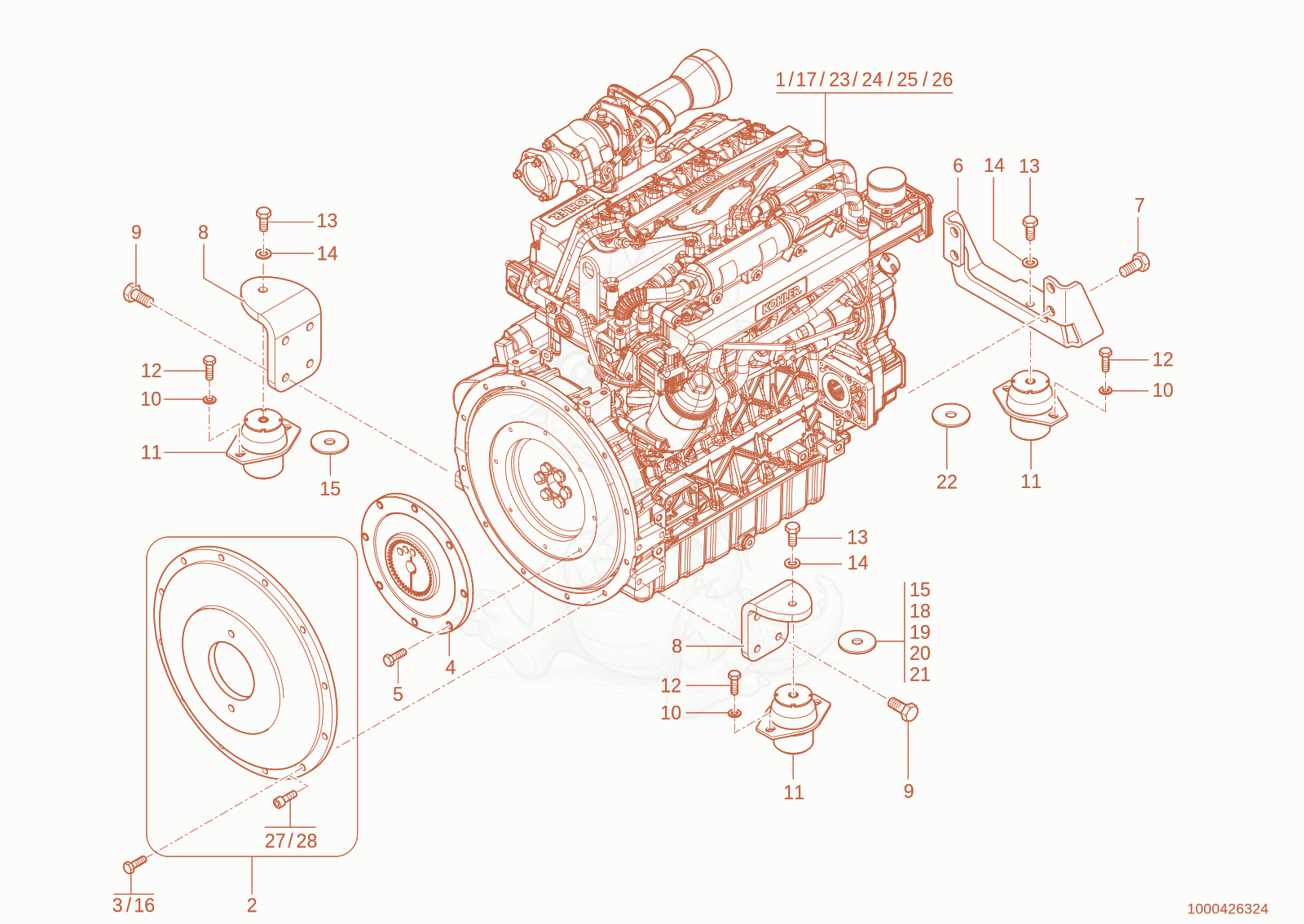 Exploded parts diagram of the Engine bedding of a Wacker Neuson TH627(418-22), with numbered balloons
