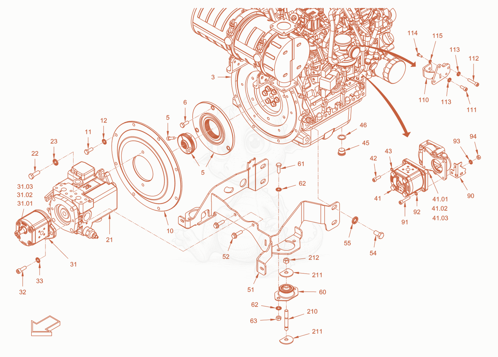Exploded parts diagram of the pump drive and engine assembly of a Wacker Neuson RD24-100CDPF, with numbered balloons