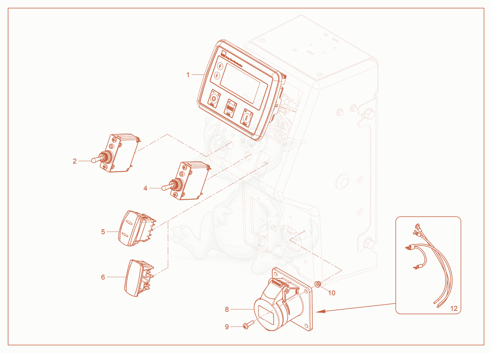 Exploded parts diagram of the Control Panel/Receptacle Panel 50Hz of a Wacker Neuson LTT4, with numbered balloons