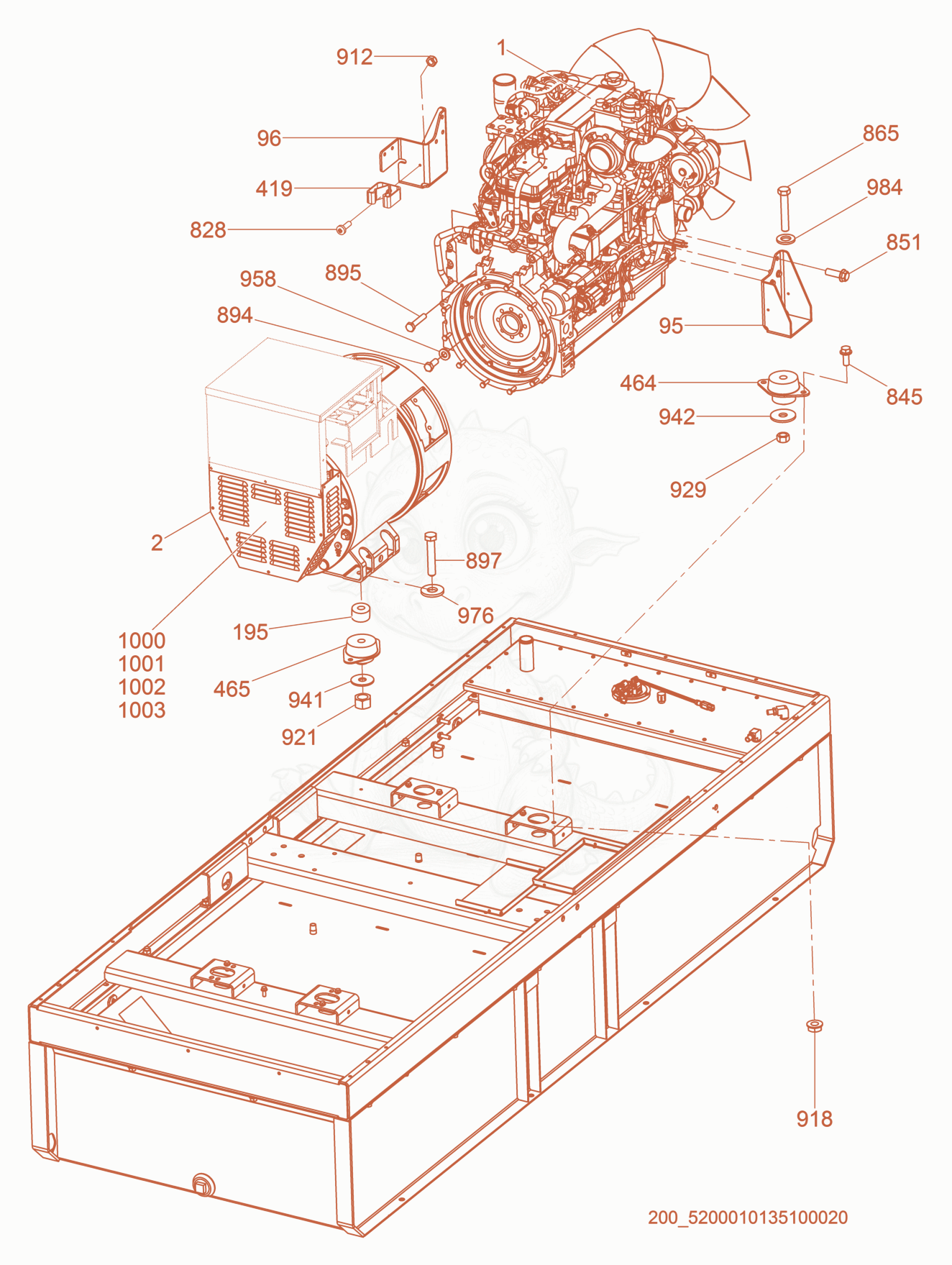 Exploded parts diagram of the Generator/Engine of a Wacker Neuson G150, with numbered balloons