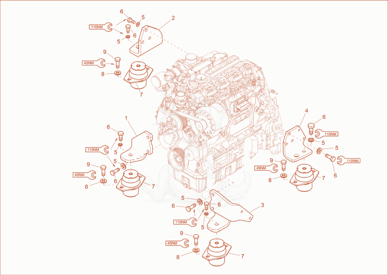 Exploded parts diagram of the Engine bedding of a Wacker Neuson DW50, with numbered balloons