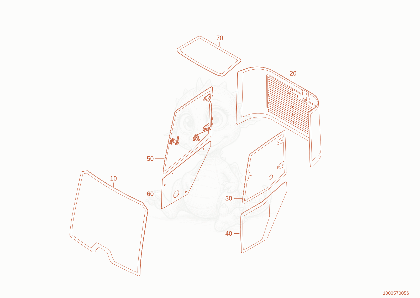 Exploded parts diagram of the CABIN WINDOWS of a Wacker Neuson WL750P(A04-05), with numbered balloons
