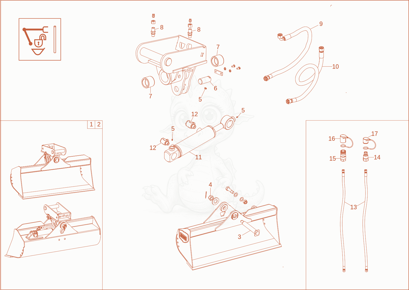 Exploded parts diagram of the tilting bucket QHS (option) of a Wacker Neuson ET24, with numbered balloons