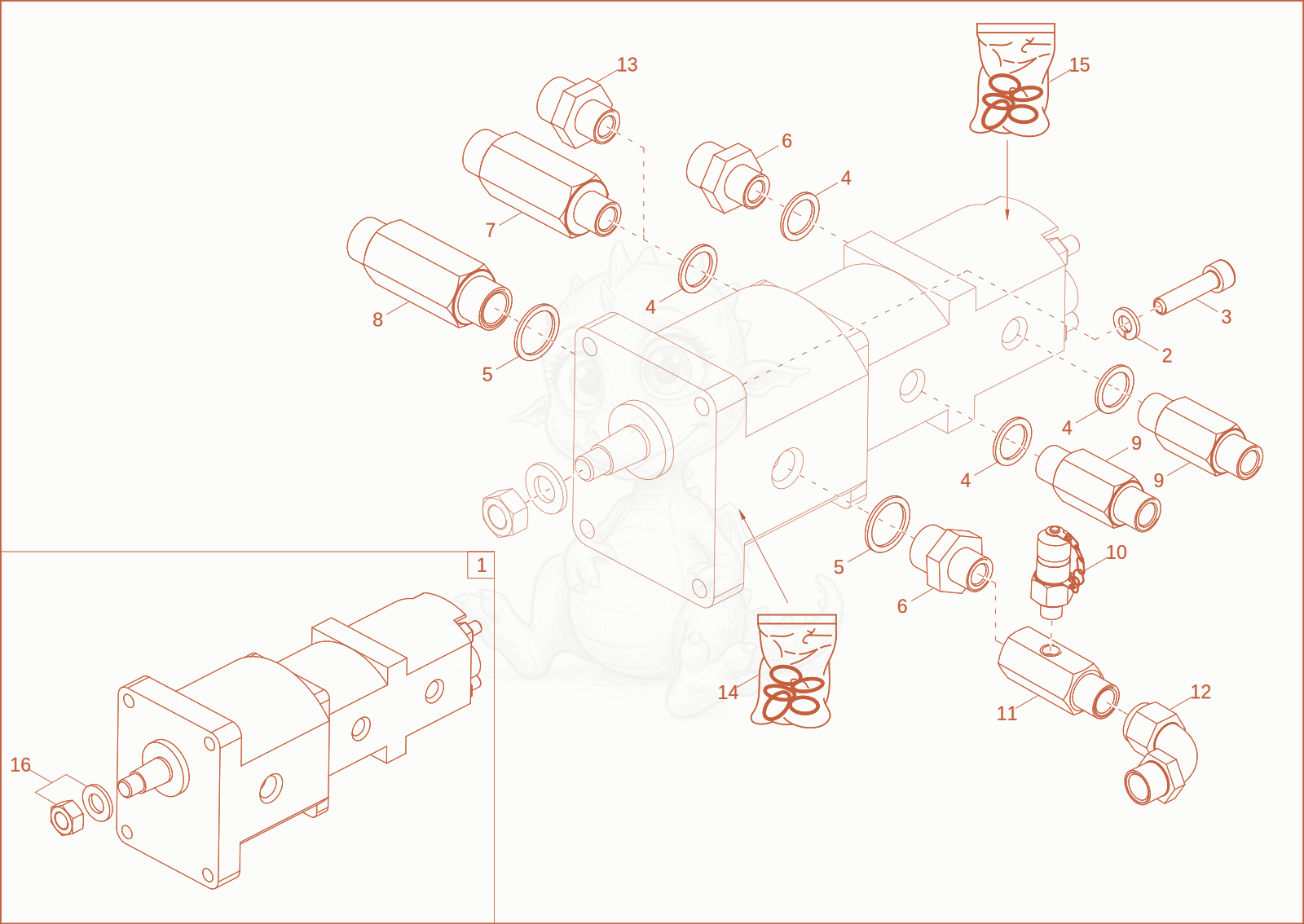 Exploded parts diagram of the gear pump of a Wacker Neuson DT08, with numbered balloons