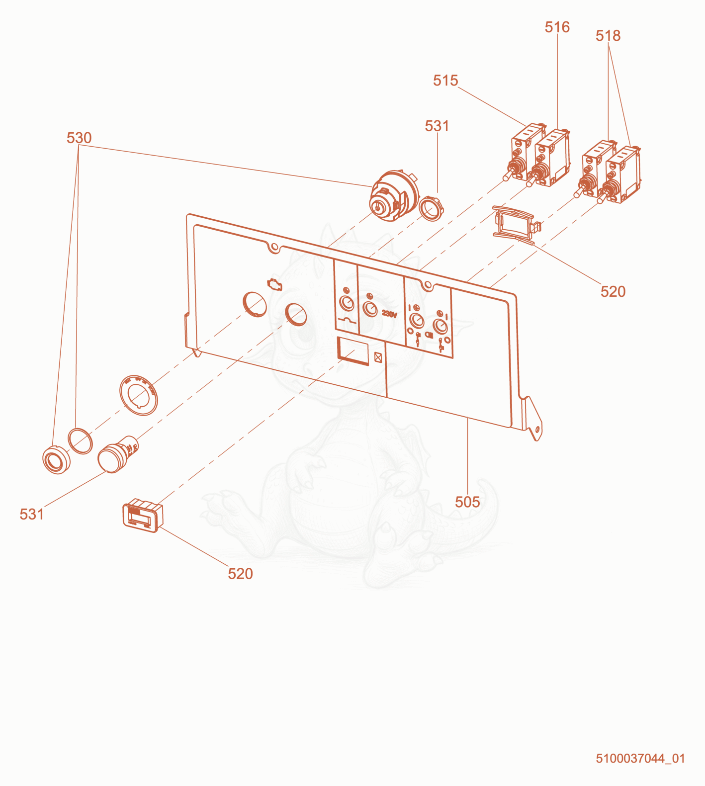 Exploded parts diagram of the Option-Control Panel, 50Hz CEE of a Wacker Neuson LTV6K, with numbered balloons
