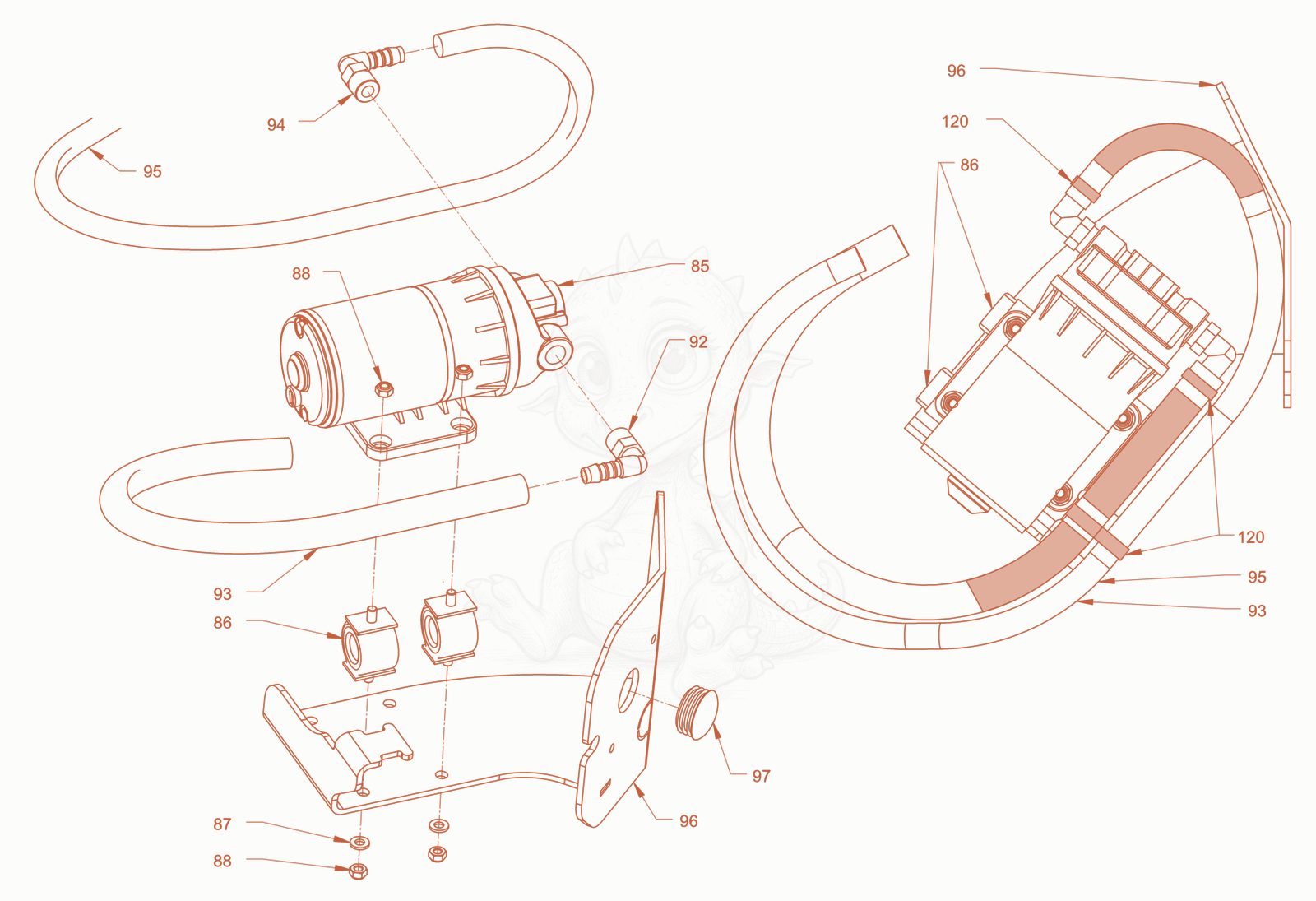 Exploded parts diagram of the sprinkling of a Wacker Neuson RD24-100DPF, with numbered balloons