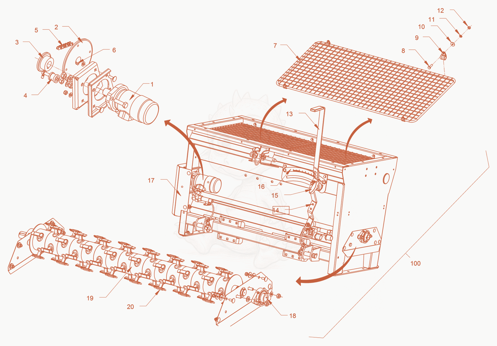 Exploded parts diagram of the chip spreader of a Wacker Neuson RD45-140, with numbered balloons