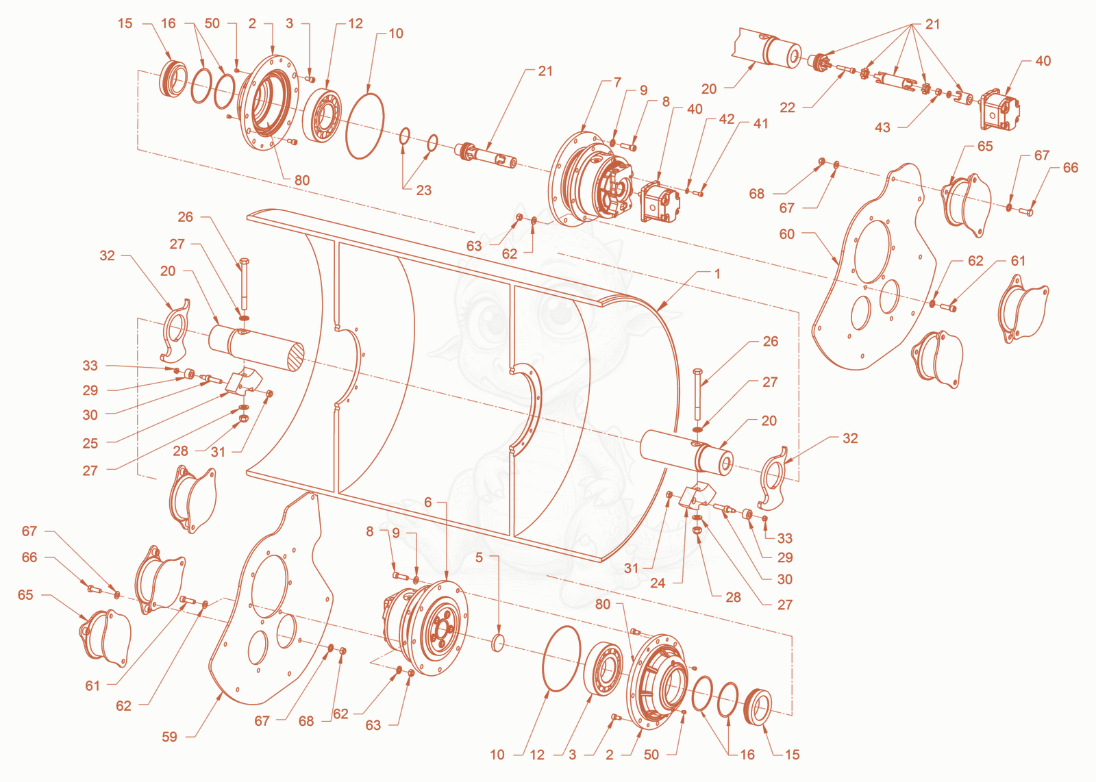 Exploded parts diagram of the roller drum of a Wacker Neuson RD40-130CUS, with numbered balloons