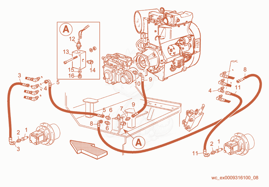 Despiece del Brakes Hydraulic System de una máquina Wacker Neuson RD15, con globos numerados
