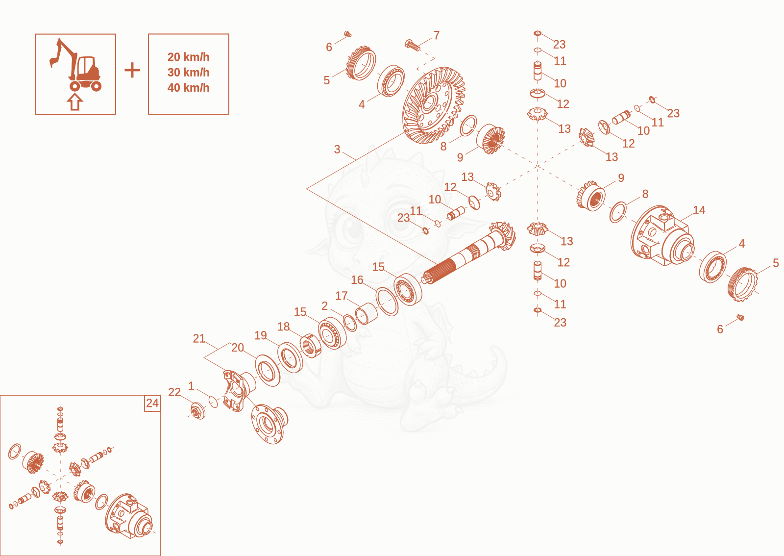 Exploded parts diagram of the differential axle (Option) of a Wacker Neuson EW100-2, with numbered balloons