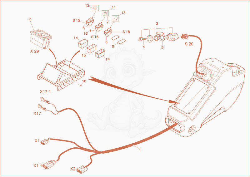 Exploded parts diagram of the wiring harness armrest of a Wacker Neuson 2503, with numbered balloons