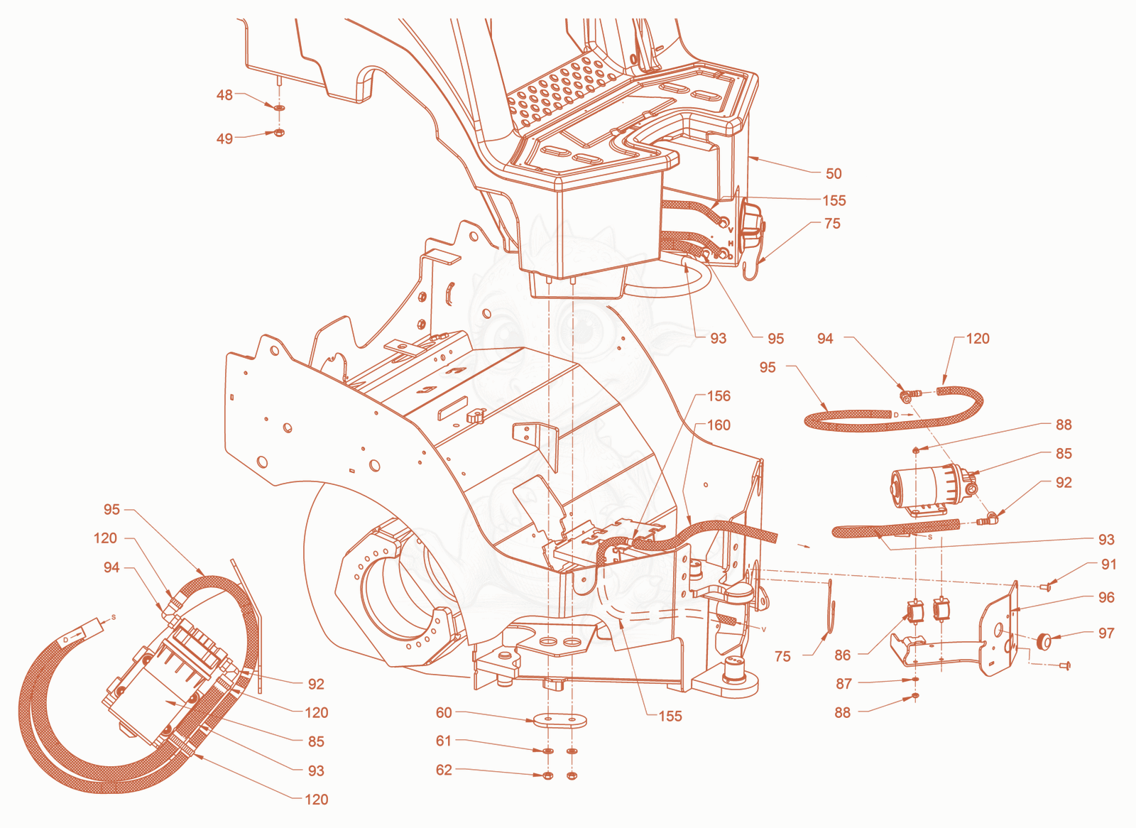 Exploded parts diagram of the sprinkling of a Wacker Neuson RD18-100C, with numbered balloons