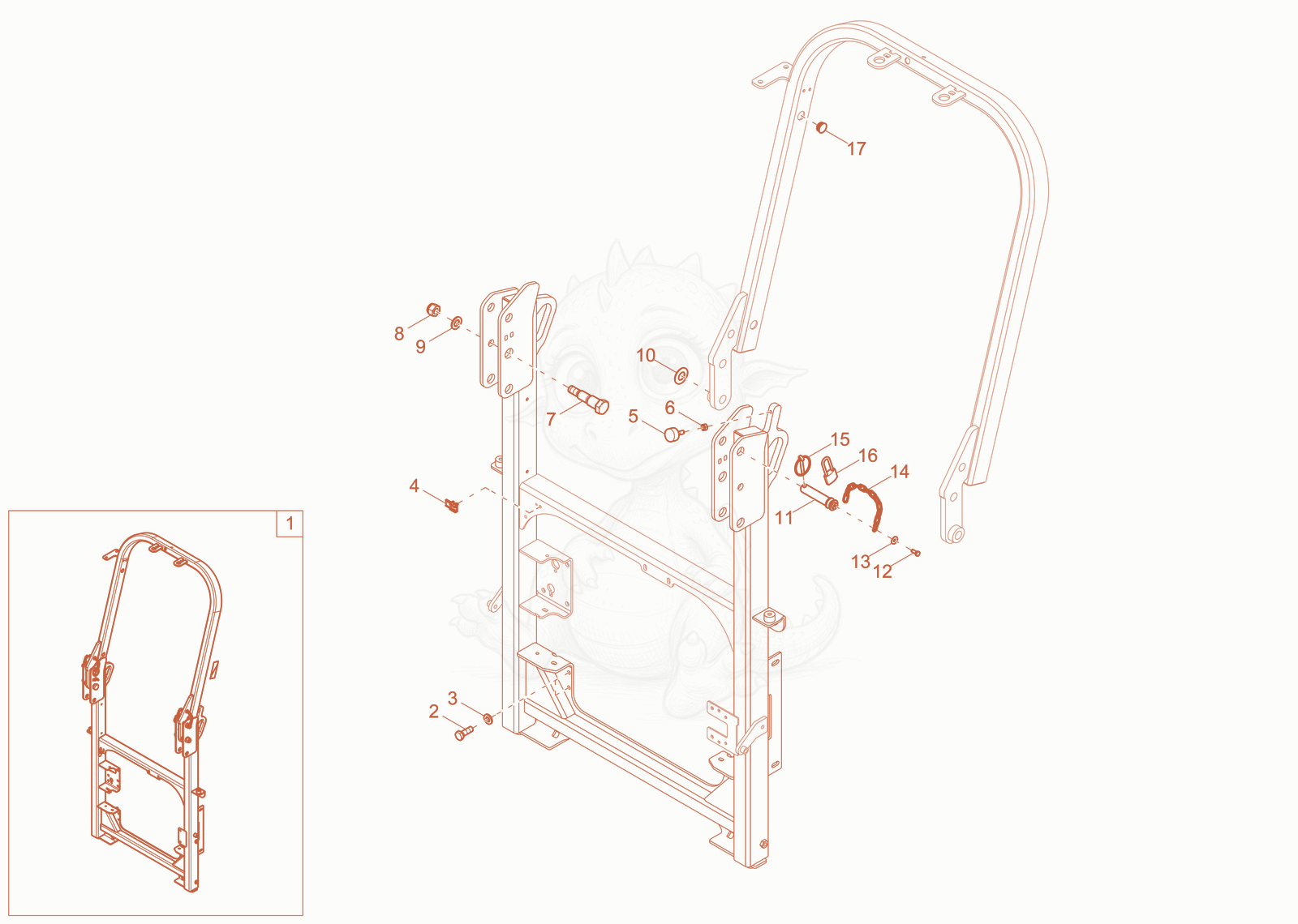 Exploded parts diagram of the NLA OVERROLL BAR of a Wacker Neuson DW15, with numbered balloons