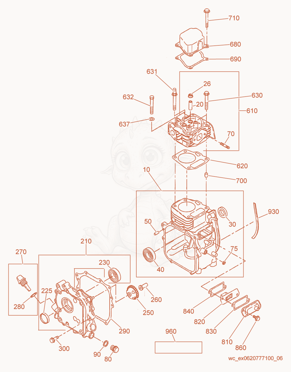 Exploded parts diagram of the Crankcase cpl. of a Wacker Neuson GPI1700, with numbered balloons