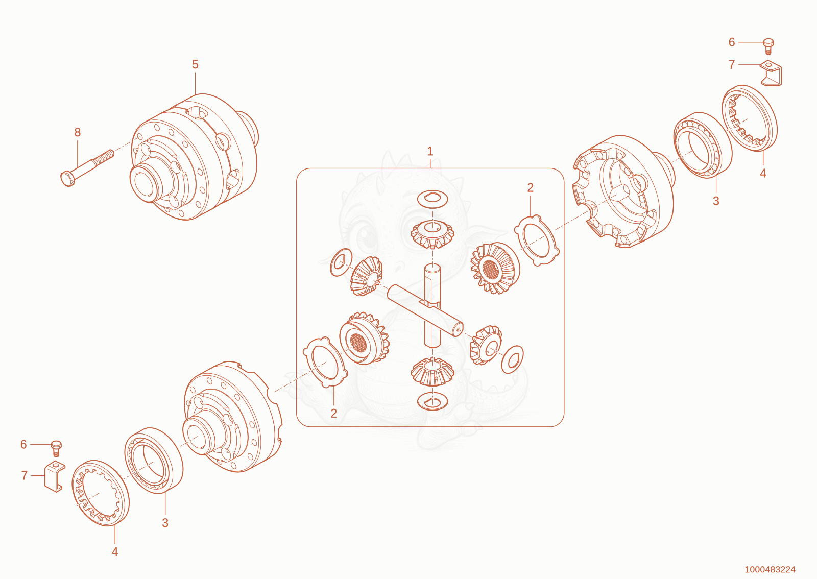 Exploded parts diagram of the differential of a Wacker Neuson TH627(418-22), with numbered balloons