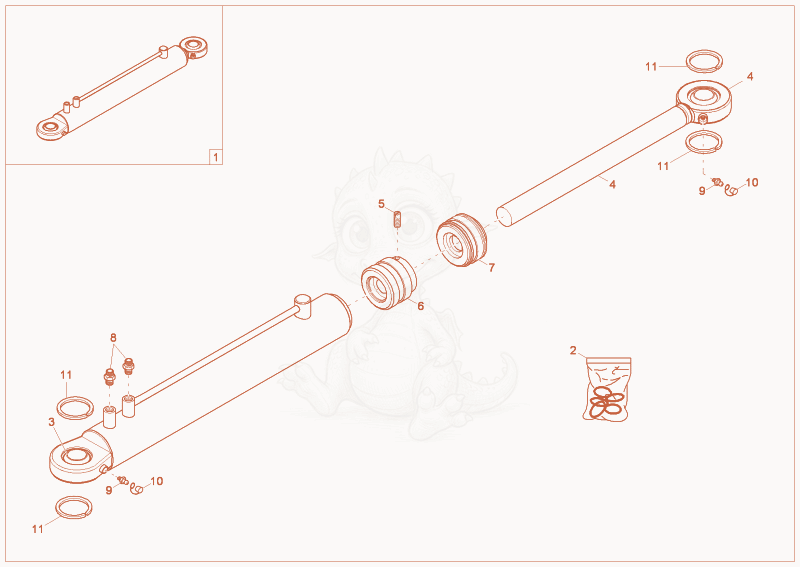 Exploded parts diagram of the steering cylinder of a Wacker Neuson 10001, with numbered balloons