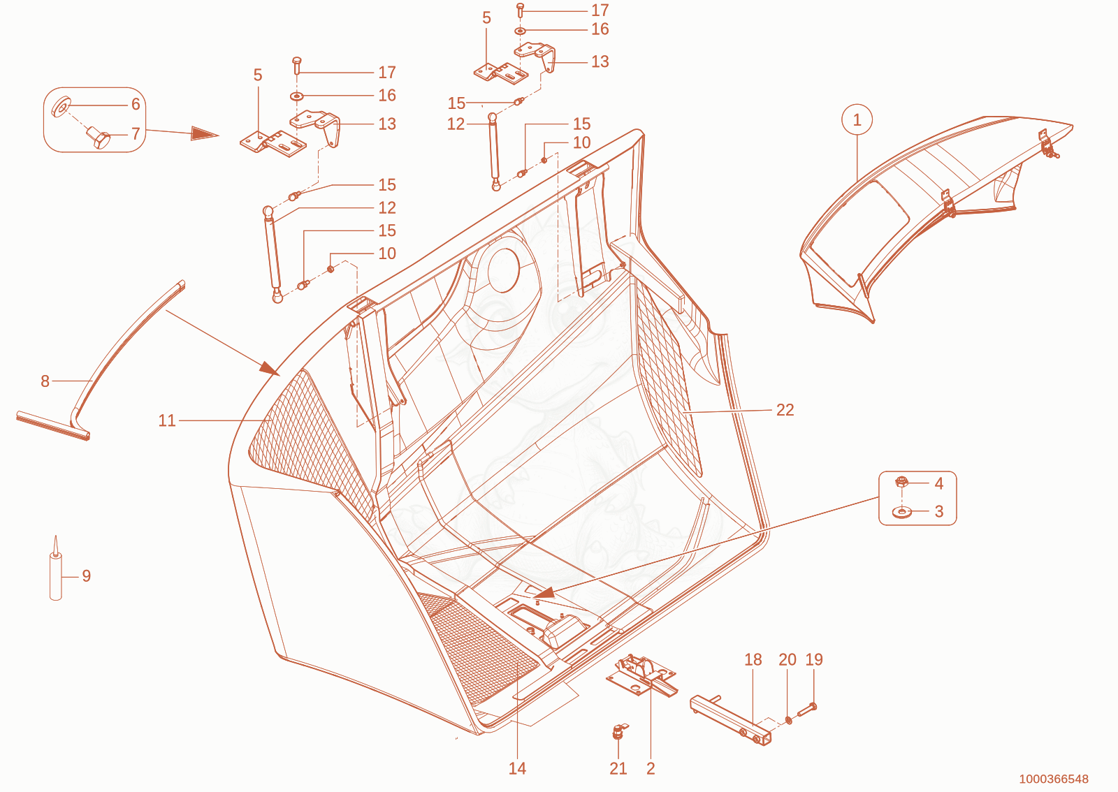 Exploded parts diagram of the engine hood of a Wacker Neuson TH730(415-14), with numbered balloons