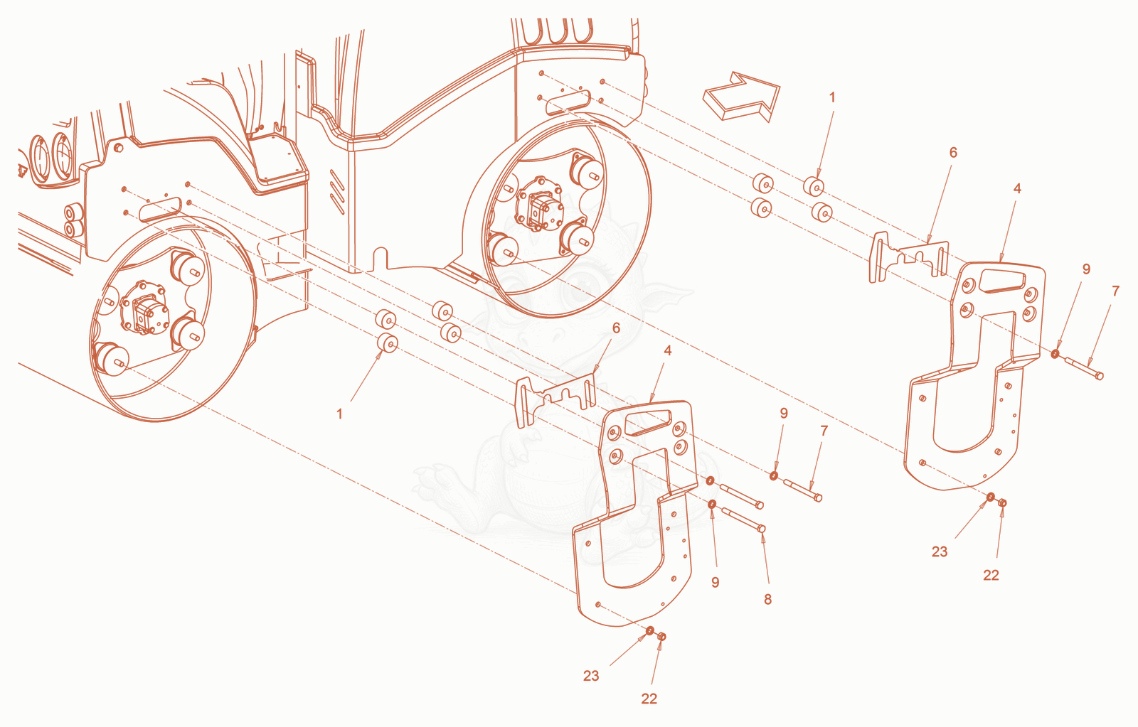 Exploded parts diagram of the suspension (roller drum) of a Wacker Neuson RD24-100CUS, with numbered balloons