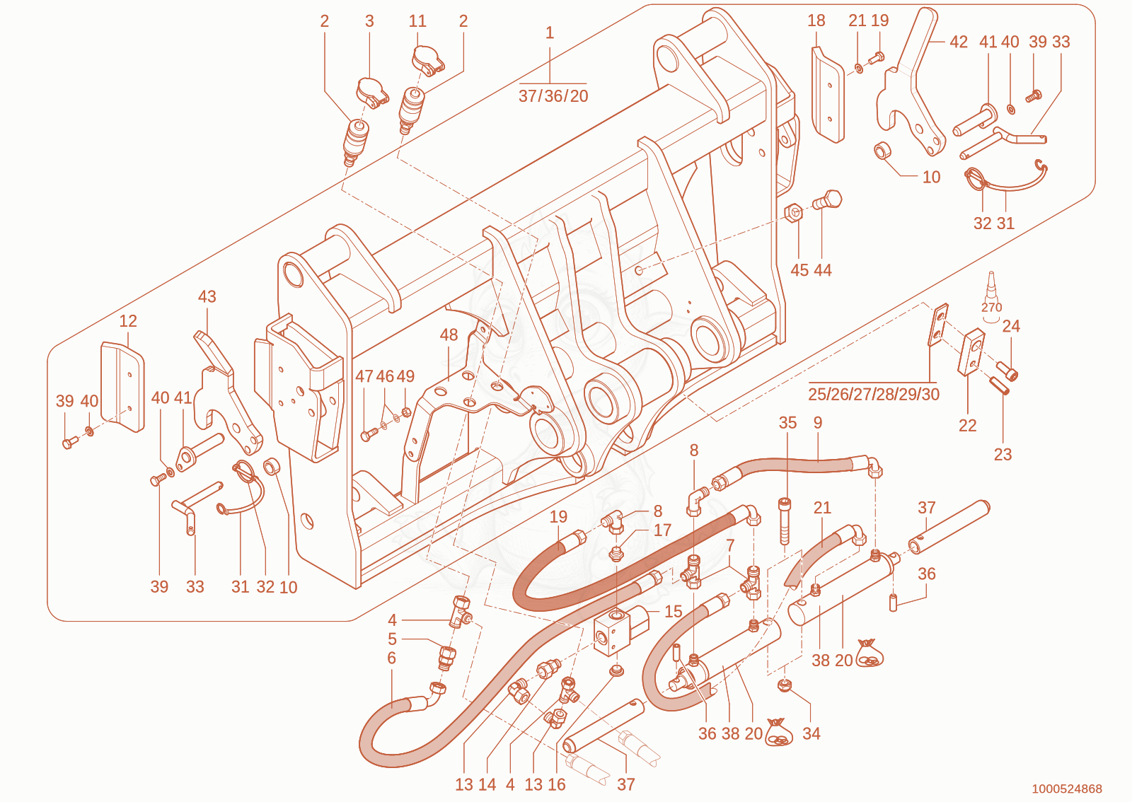 Exploded parts diagram of the quickhitch plate of a Wacker Neuson TH745(416-32), with numbered balloons