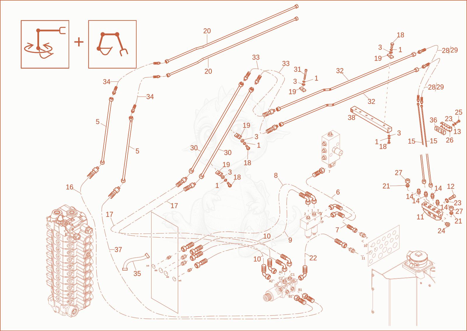 Exploded parts diagram of the Pilot circuit Powertilt (Option) of a Wacker Neuson EW65, with numbered balloons