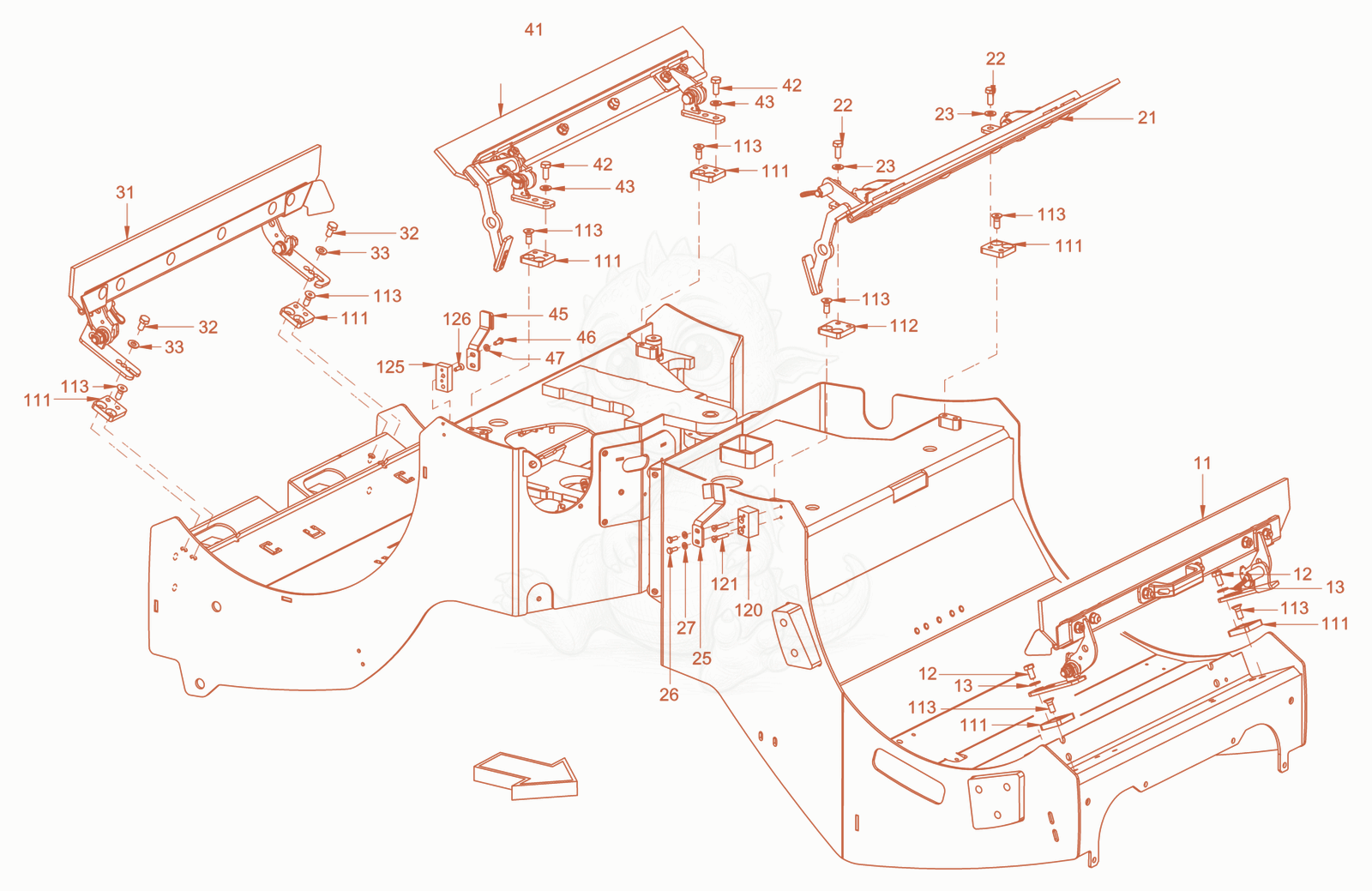 Exploded parts diagram of the foldable scraper of a Wacker Neuson RD18-80.3, with numbered balloons