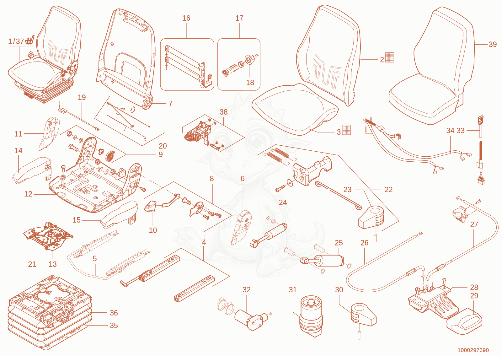 Exploded parts diagram of the drivers seat of a Wacker Neuson TH745(416-32), with numbered balloons