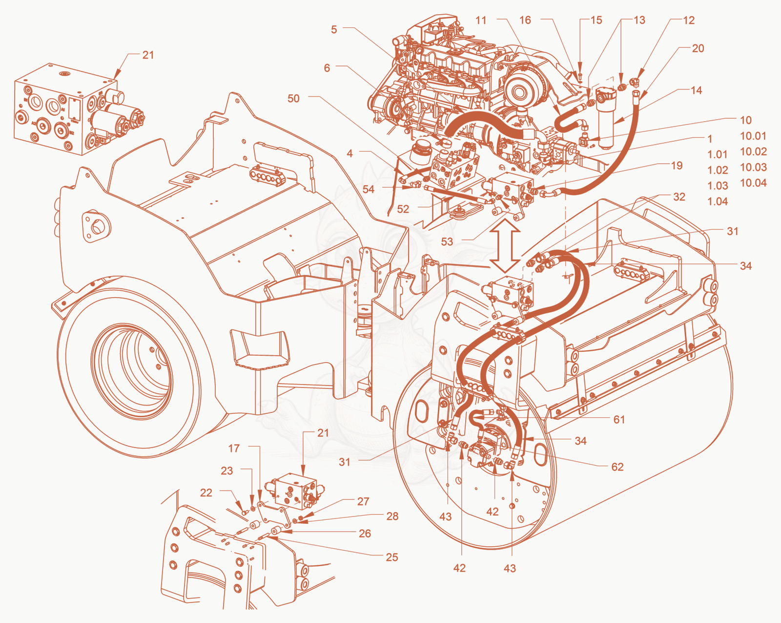 Exploded parts diagram of the vibration drive of a Wacker Neuson RD40-130C, with numbered balloons