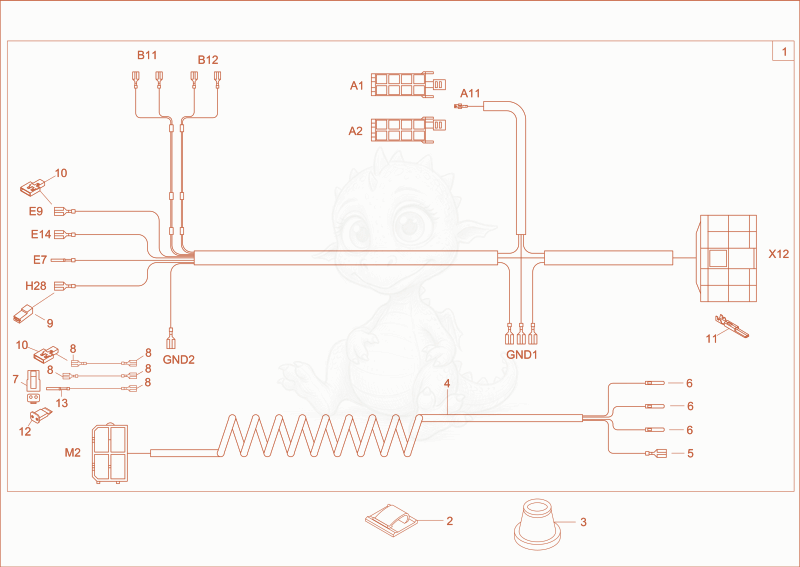 Exploded parts diagram of the wiring harness roof of a Wacker Neuson 9503, with numbered balloons