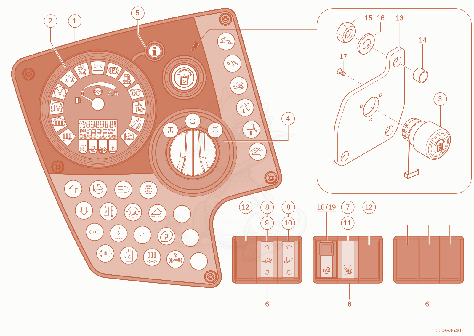 Exploded parts diagram of the Instrument panel of a Wacker Neuson TH730(415-14), with numbered balloons