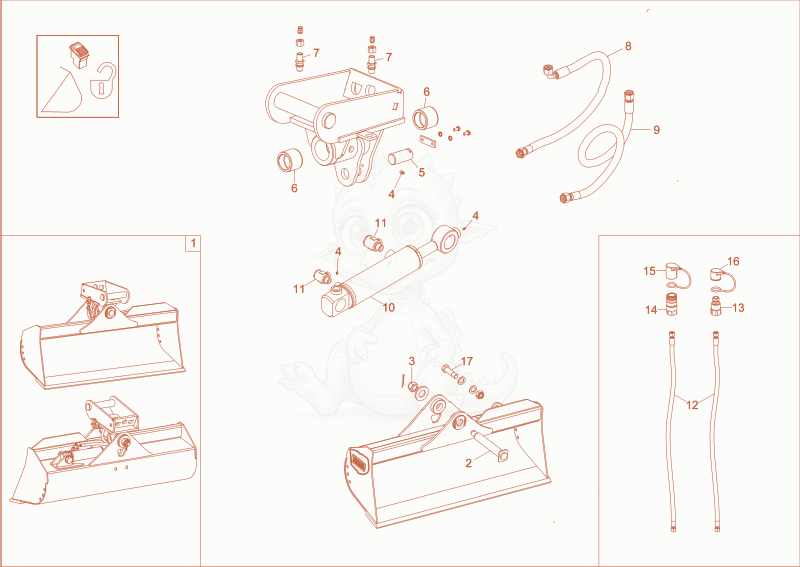 Exploded parts diagram of the tilting bucket QHS (option) of a Wacker Neuson EZ53, with numbered balloons