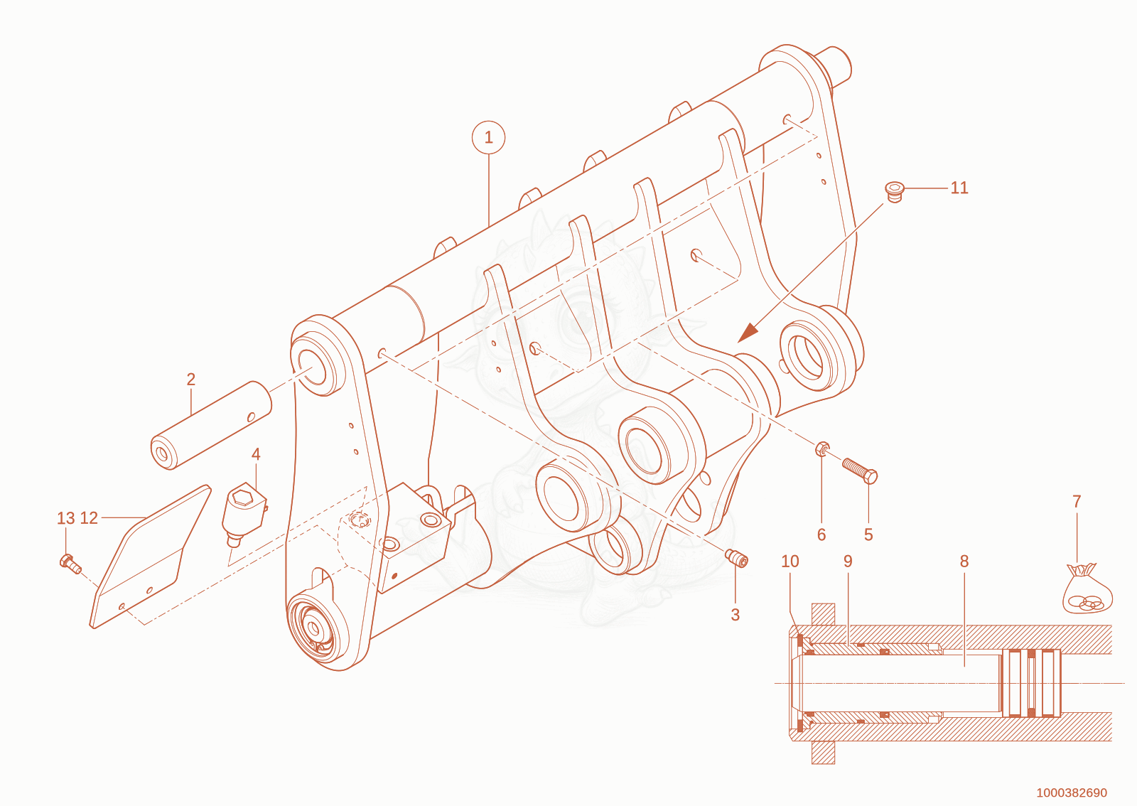 Exploded parts diagram of the quickhitch plate of a Wacker Neuson TH942(416-29), with numbered balloons