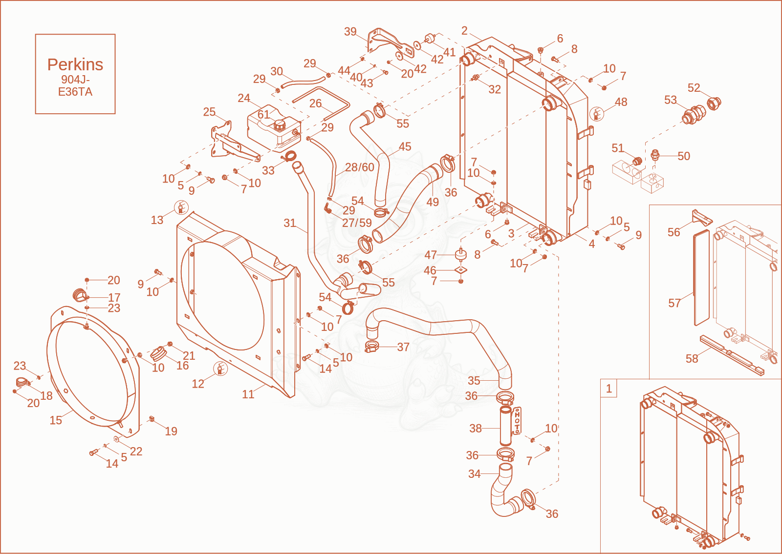 Exploded parts diagram of the combicooler (option) of a Wacker Neuson EW100, with numbered balloons