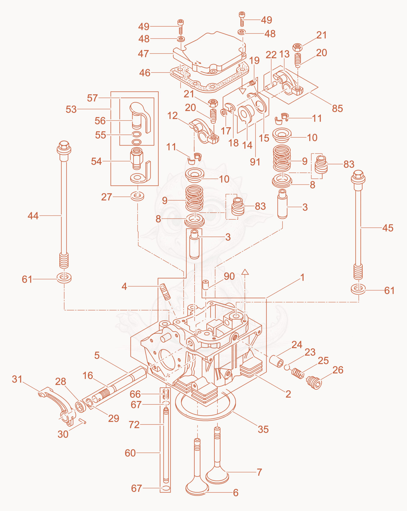 Exploded parts diagram of the Cylinder head of a Wacker Neuson DPU6555H, with numbered balloons